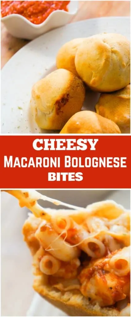 Cheesy Macaroni Bolognese Bites. Easy party food idea. Tasty Pillsbury dough stuffed with macaroni and cheese. Simple snack recipe with meaty bolognese sauce and cheese.