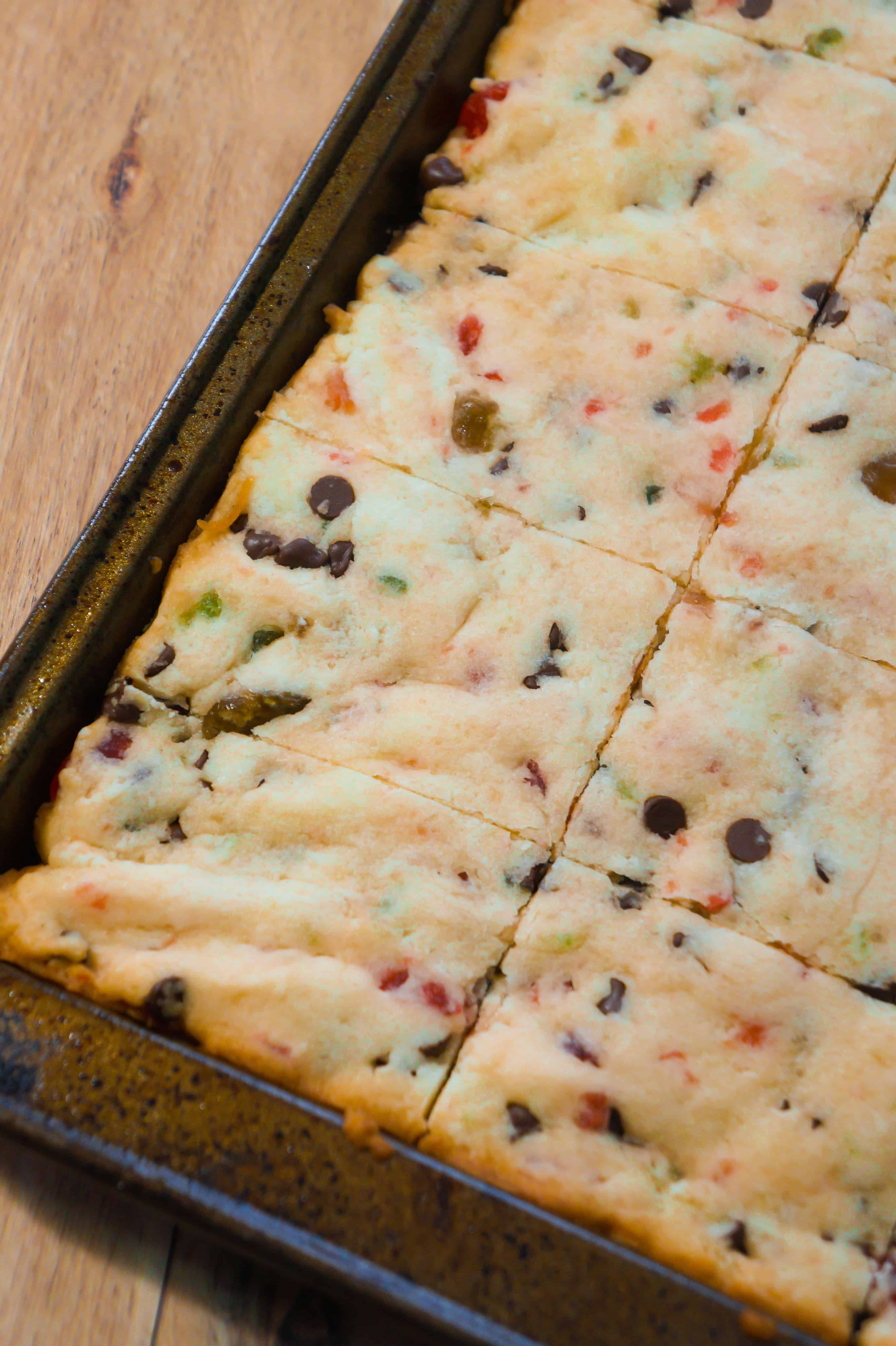 Pan of cherry shortbread cookie bars