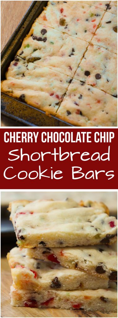 Cherry chocolate chip shortbread cookie bars are any easy Christmas dessert recipe. These shortbread cookies are loaded with cherries and chocolate chips.