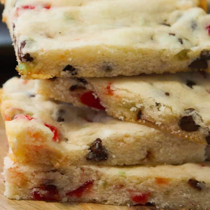 Stacked cherry chocolate chip shortbread cookie bars