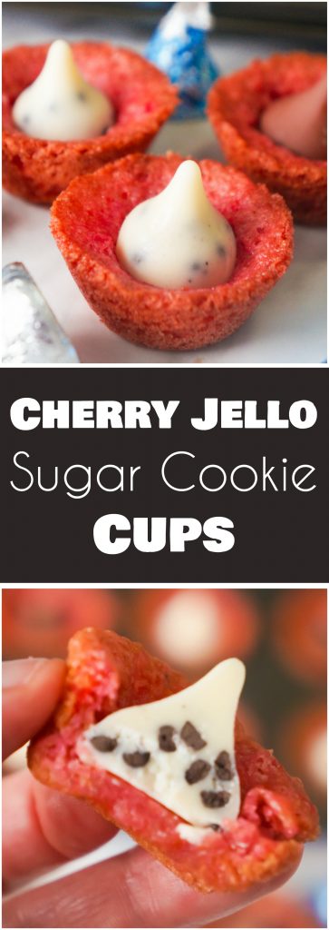 Cherry Jello Sugar Cookie Cups are an easy dessert recipe perfect for Valentine's Day. These mini cookie cups are topped with Hershey's Milk Chocolate Kisses and Cookies and Cream Kisses.