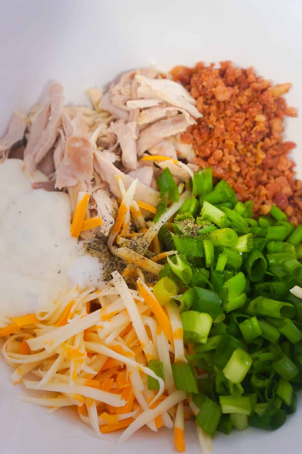 shredded chicken, bacon bits, cheese and ranch dressing in a bowl