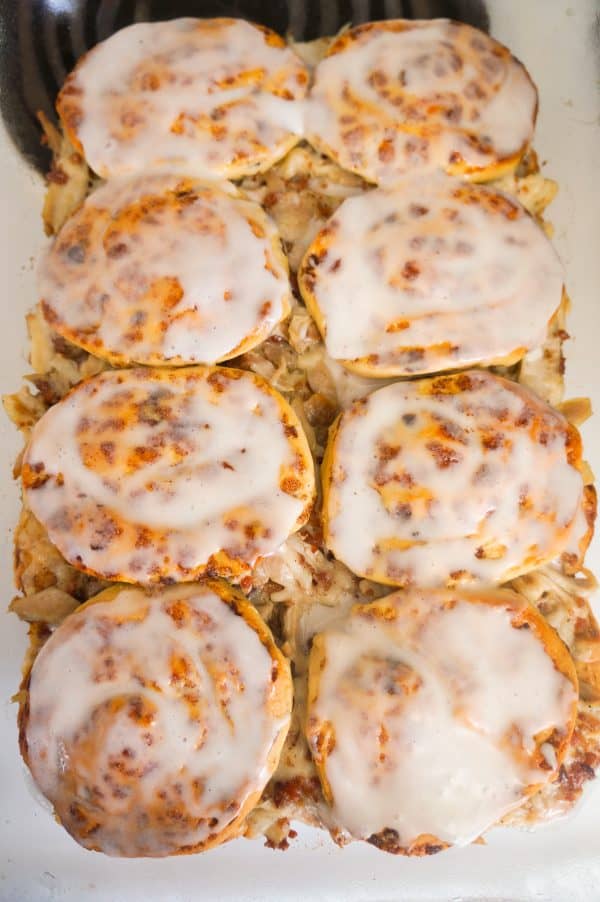 Chicken Bacon Swiss Breakfast Casserole with Cinnamon Rolls THIS IS