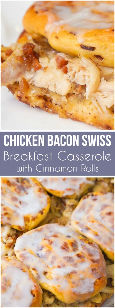 Chicken Bacon Swiss Breakfast Casserole with Cinnamon Rolls is a fun and easy breakfast or brunch recipe. This easy casserole recipe uses rotisserie chicken and Pillsbury Cinnamon Rolls to save on time.