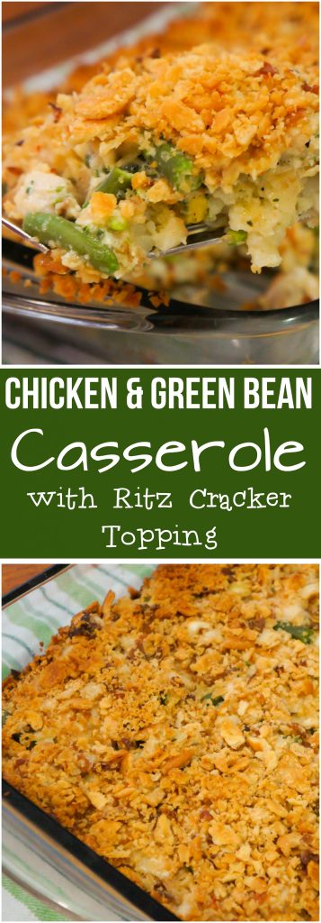 Chicken Green Bean Casserole with a Crispy Ritz Cracker topping. This easy chicken casserole recipe is made with frozen green beans and cream of vegetable soup.