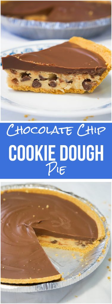 This edible cookie dough pie is an easy no bake dessert. Eggless chocolate chip cookie dough in a graham cracker crust topped with milk chocolate.