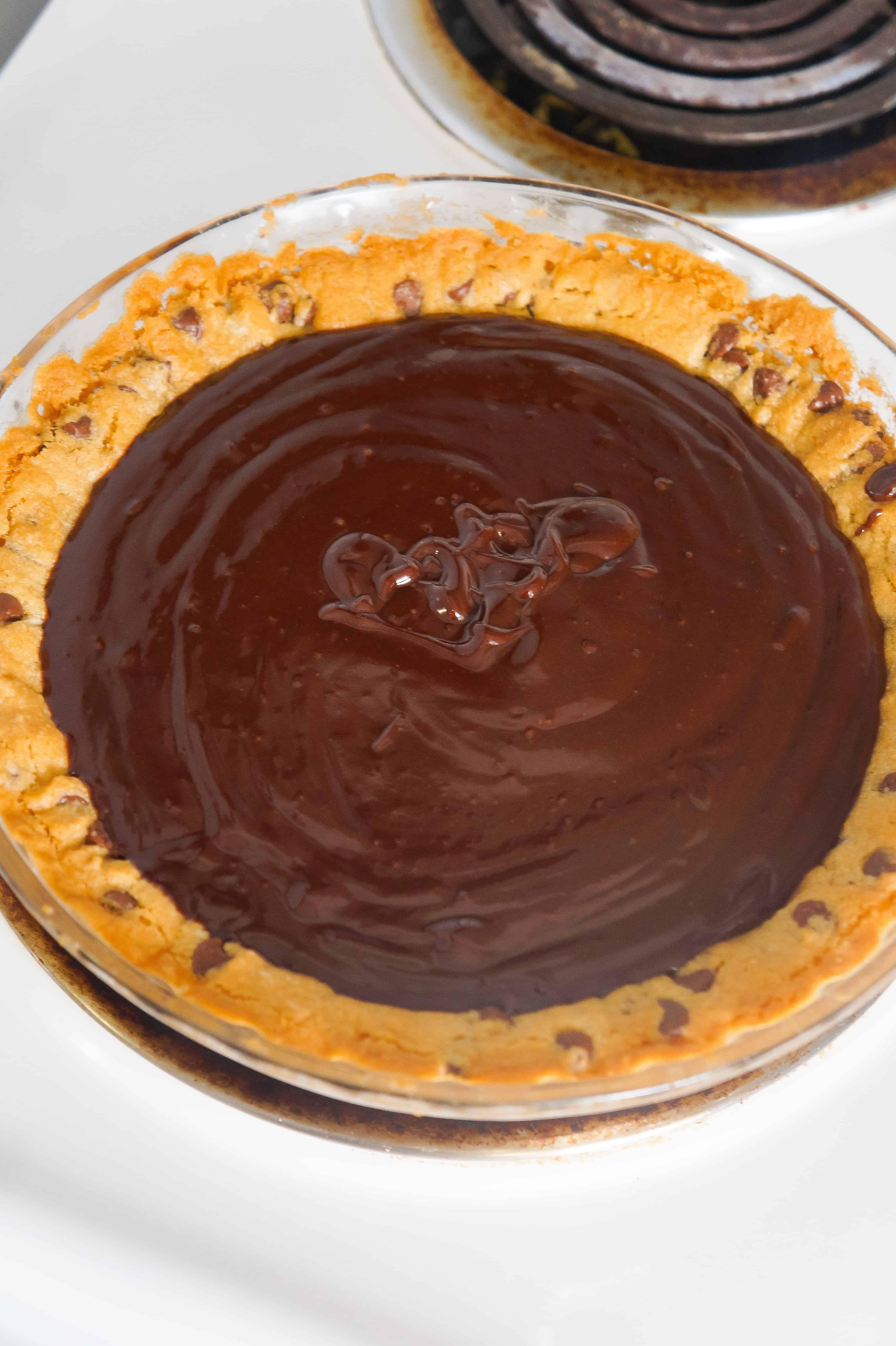 Creamy chocolate ganache in a chocolate chip cookie pie crust.