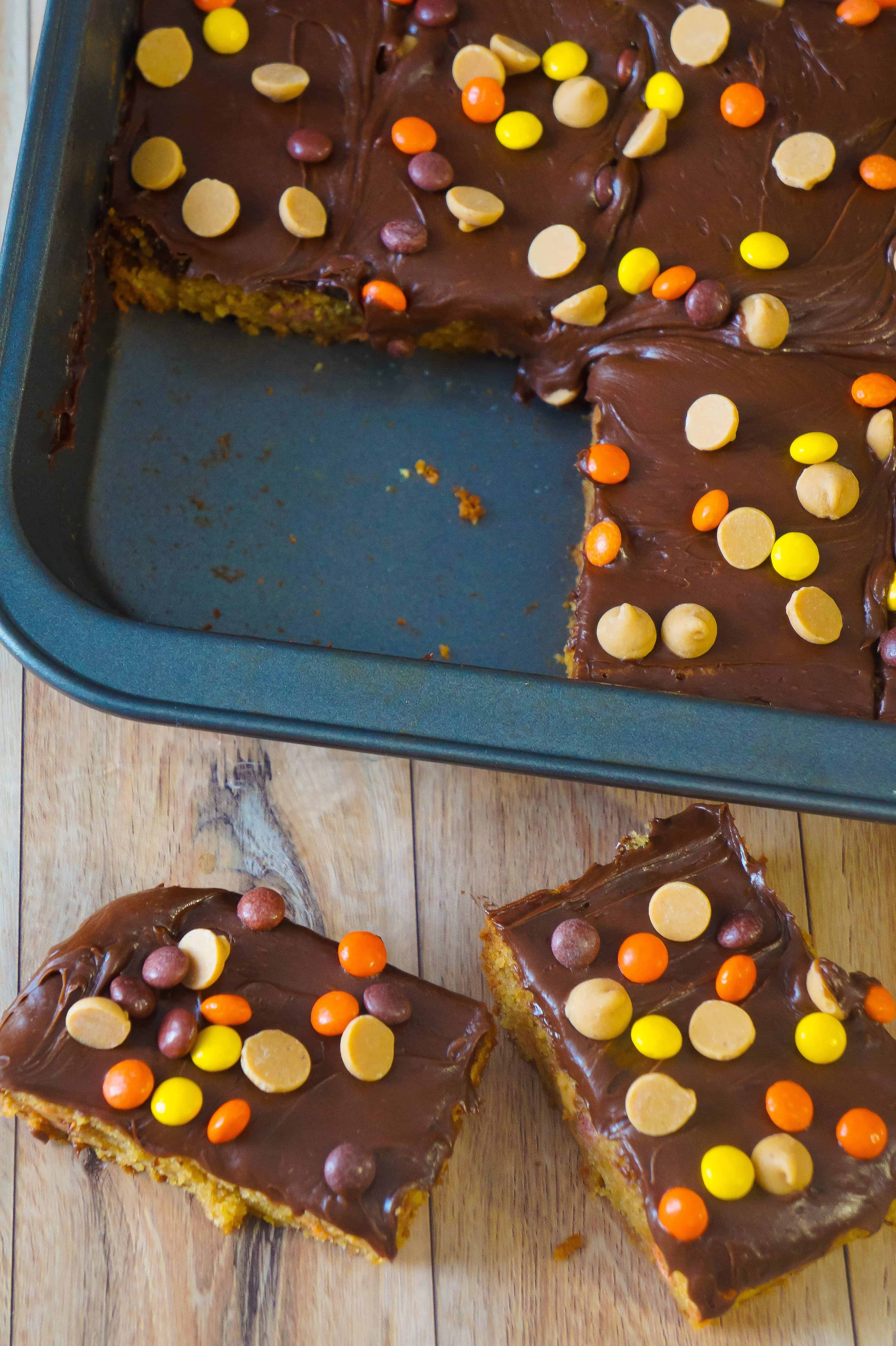 Chocolate Peanut Butter Bars. These peanut butter blondies are loaded with mini Reese's Pieces.