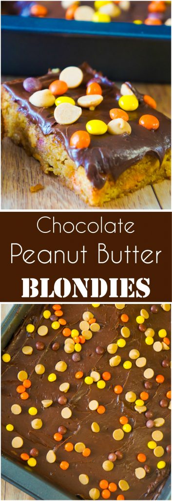 Chocolate Peanut Butter Blondies are a decadent chocolate peanut butter dessert. These peanut butter brownies are loaded with mini Reese's Pieces and peanut butter chipits. Peanut butter bars perfect for any occasion.