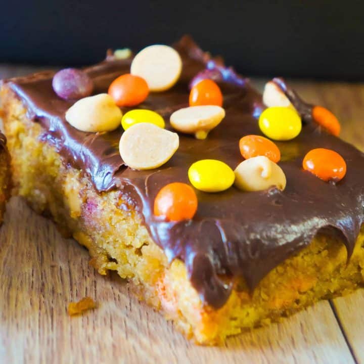 Peanut Butter Bars topped with chocolate frosting and mini Reese's Pieces.