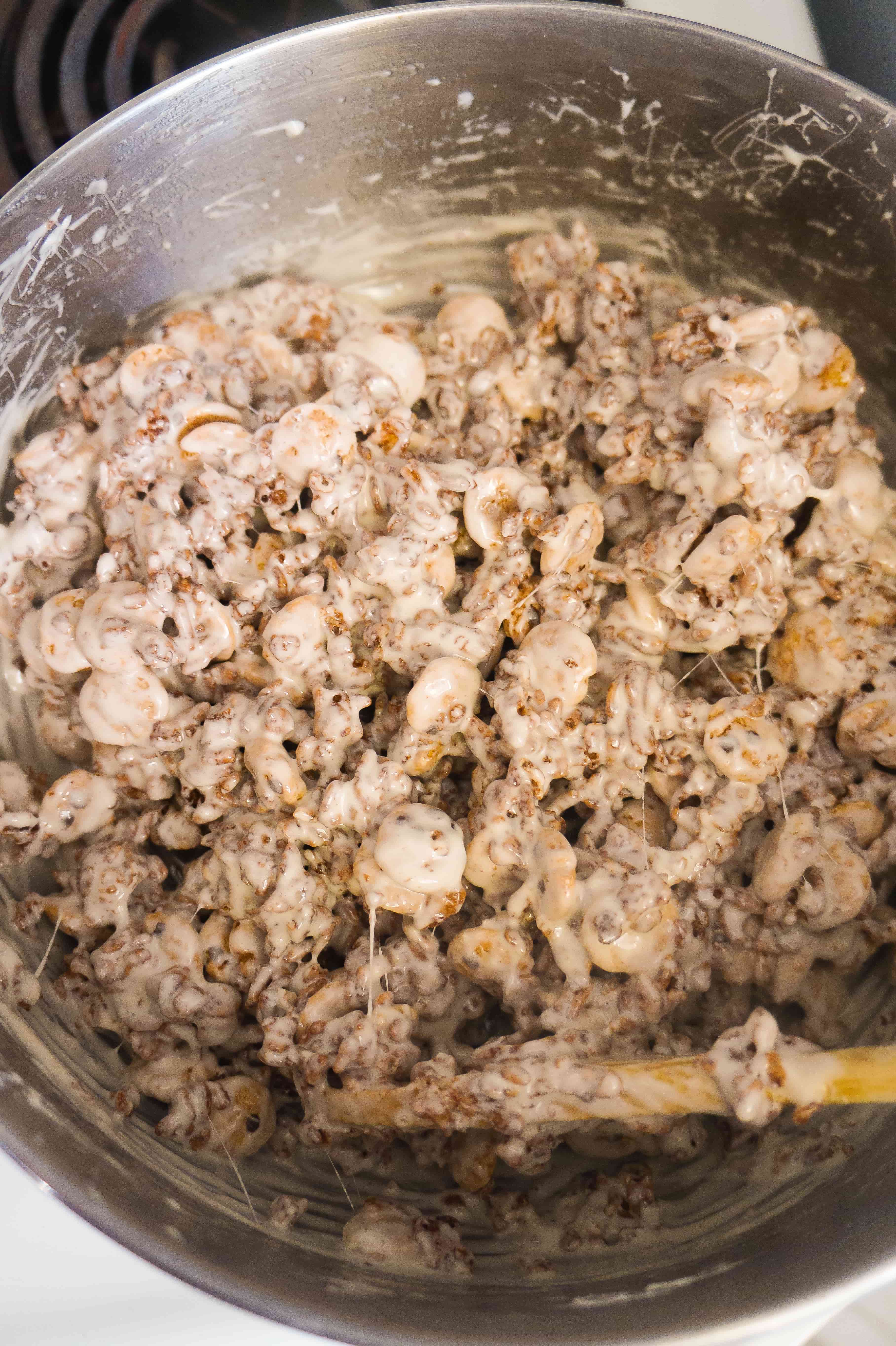 pan of melted marshmallows and chocolate rice krispies