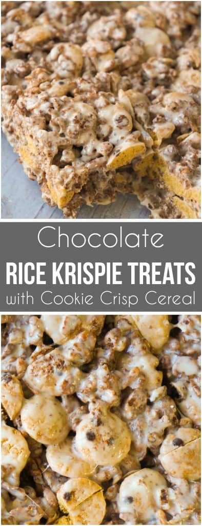 Chocolate Rice Krispie Treats with Cookie Crisp Cereal are a fun twist on classic rice krispie squares. These delicious marshmallow treats are made with Cocoa Rice Krispies and Cookie Crisp cereal.