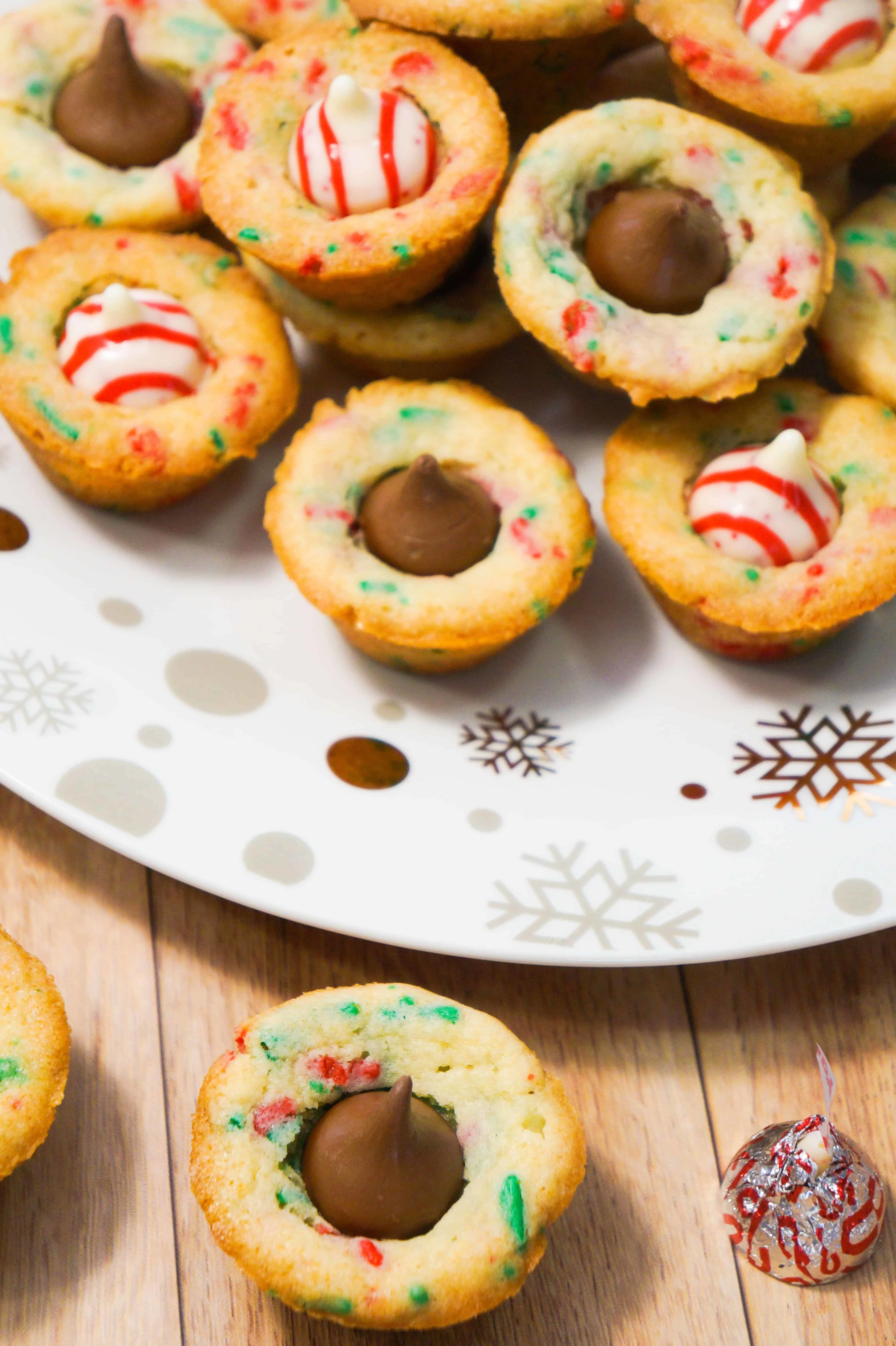 Christmas cookies with red and green sprinkles and Hershey's Kisses.