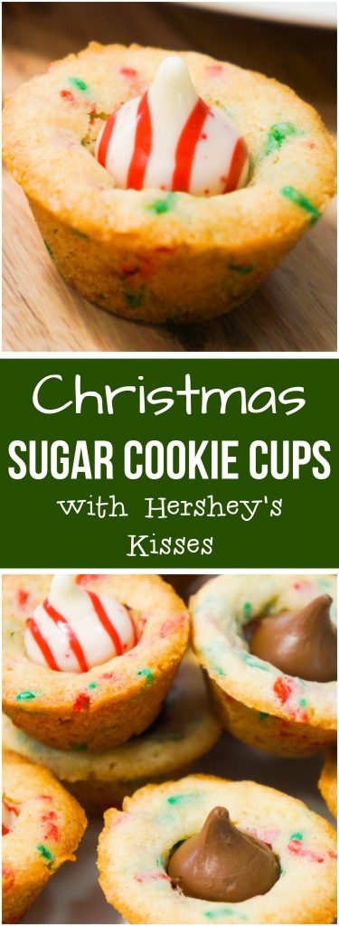 Christmas Sugar Cookie Cups are an easy holiday dessert recipe made in mini muffin tins. These festive sugar cookies with red and green sprinkles are topped with Hershey's Milk Chocolate Kisses and mint flavoured Candy Cane Kisses. These sugar cookie cups are soft and chewy.