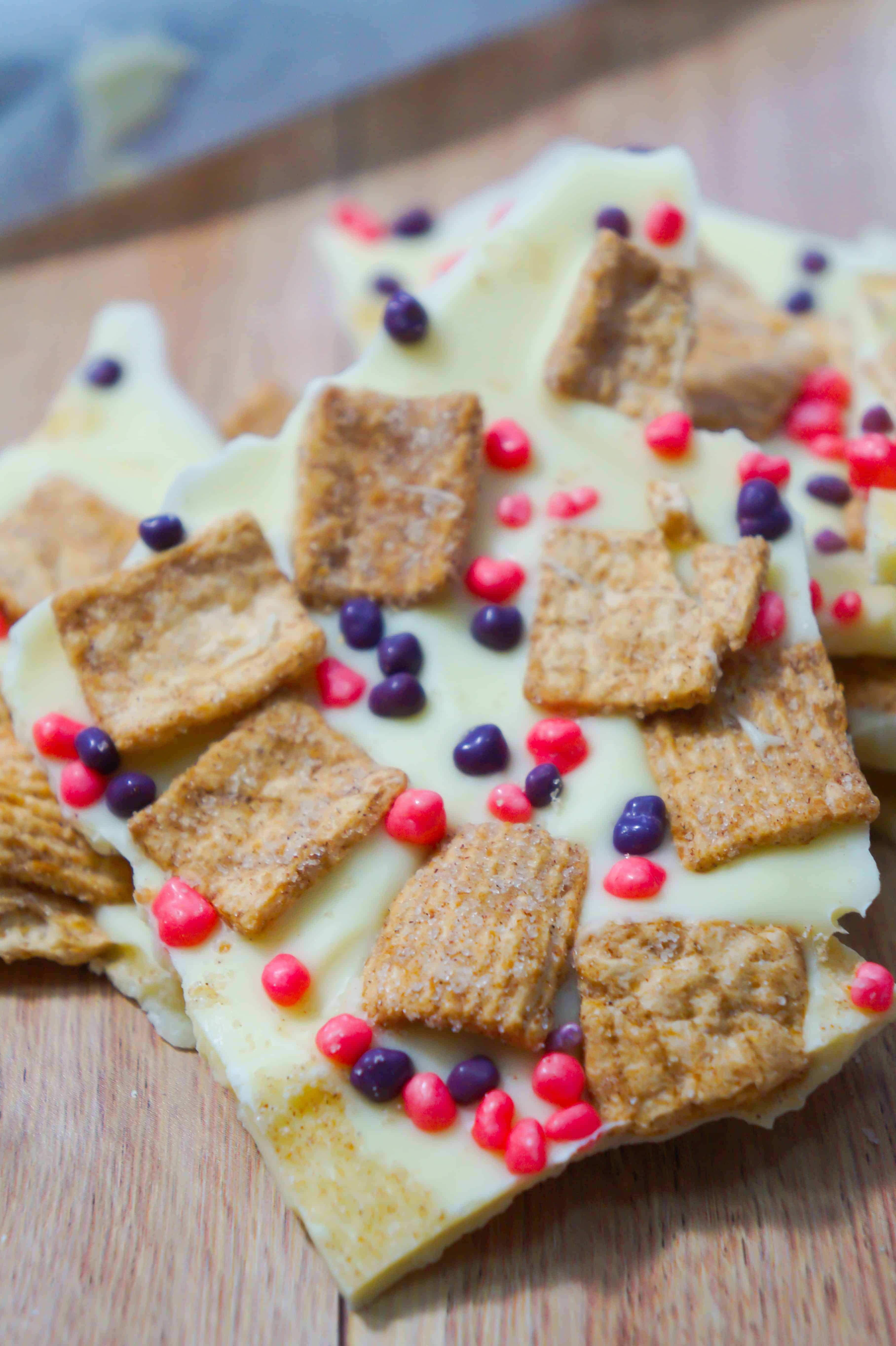 Easy white chocolate bark recipe with Cinnamon Toast Crunch and Nerds
