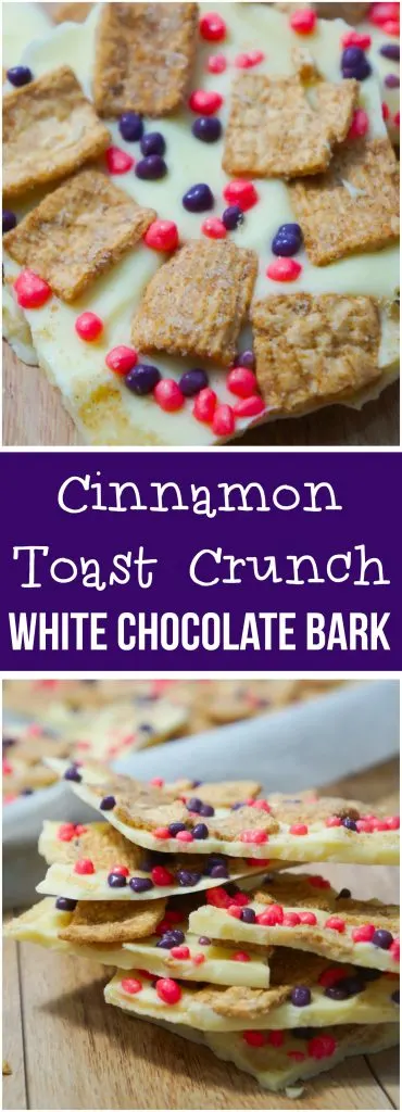 Cinnamon Toast Crunch White Chocolate Bark is an easy no bake dessert recipe. This bark is loaded with Cinnamon Toast Crunch cereal and Nerds candies.