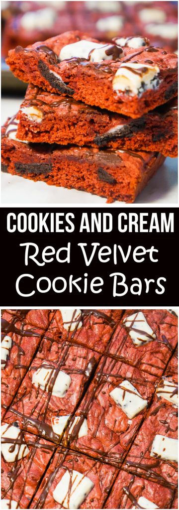 Cookies and Cream Red Velvet Cookie Bars are an easy dessert recipe made with cake mix. These cake mix cookie bars are loaded with mini Oreo cookies and pieces of Hershey's Cookies and Cream chocolate bars. These would be a great Christmas dessert.