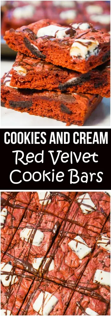 Cookies and Cream Red Velvet Cookie Bars are an easy dessert recipe made with cake mix. These cake mix cookie bars are loaded with mini Oreo cookies and pieces of Hershey's Cookies and Cream chocolate bars. These would be a great Christmas dessert.