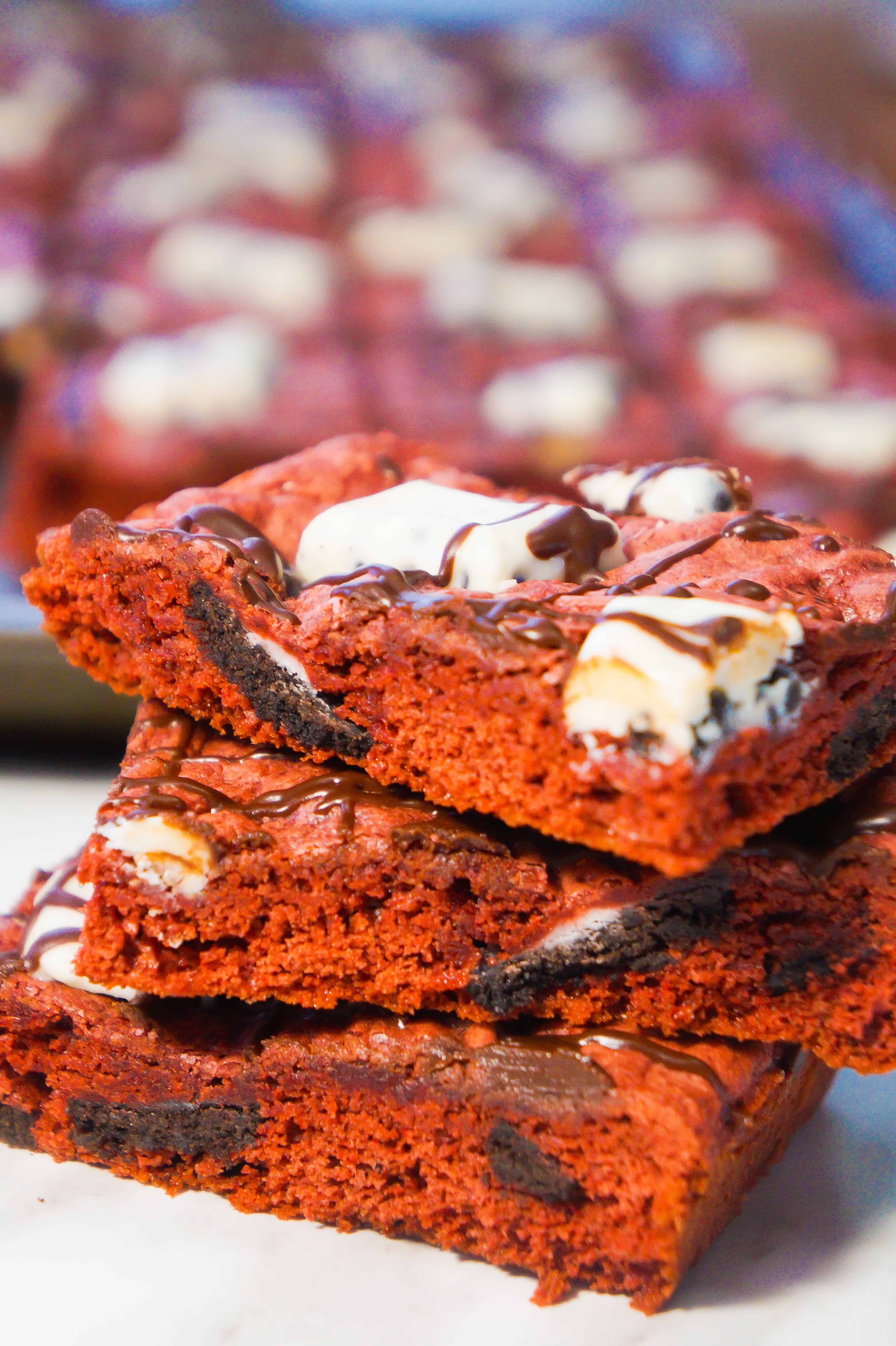 Cookies and Cream Red Velvet Cookie Bars are an easy dessert recipe using cake mix.