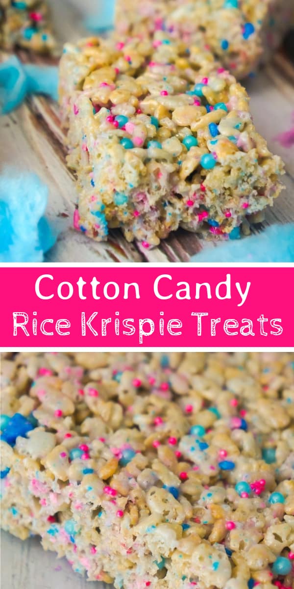 Cotton Candy Rice Krispie Treats are an easy dessert recipe your kids will love. These rice krispie squares are made with melted cotton candy and loaded with cotton candy coloured sprinkles.