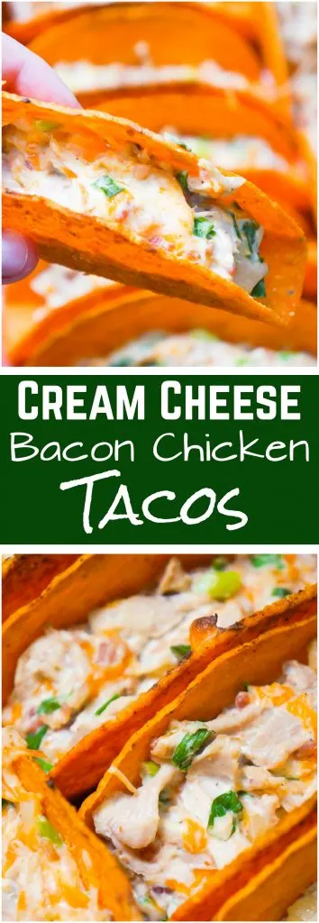 Cream Cheese Bacon Chicken Tacos are an easy dinner recipe. Stand and Stuff Taco Shells are loaded with shredded chicken, cream cheese, real bacon bits onions and cheddar cheese. These chicken tacos would also be a great party food.