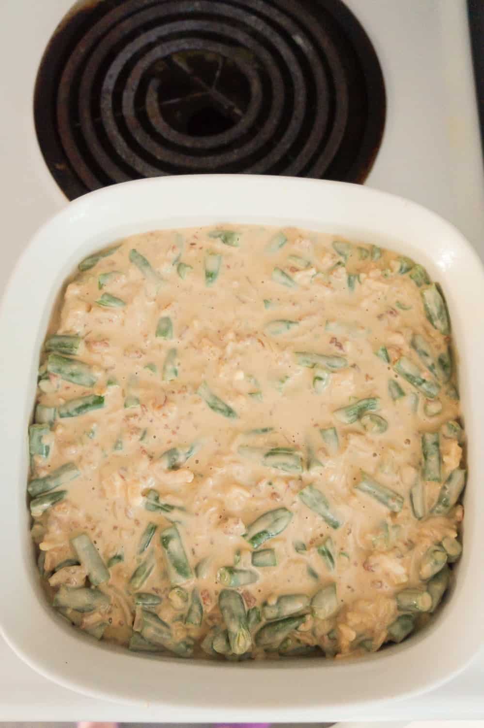 cream cheese green bean mixture in baking dish