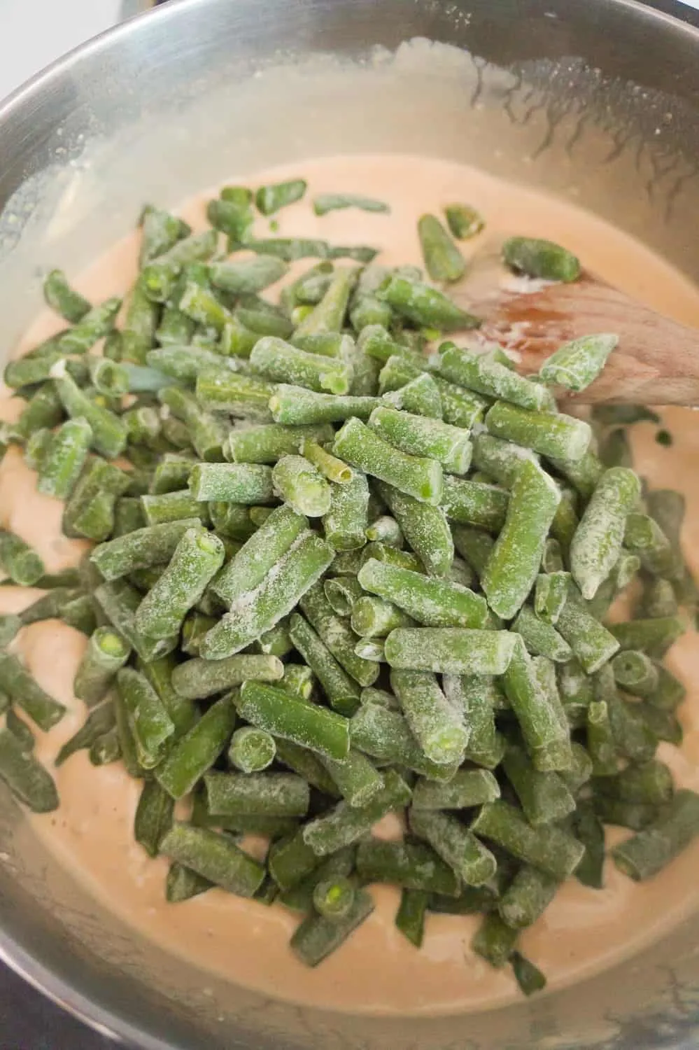 frozen green beans added to onion soup mixture