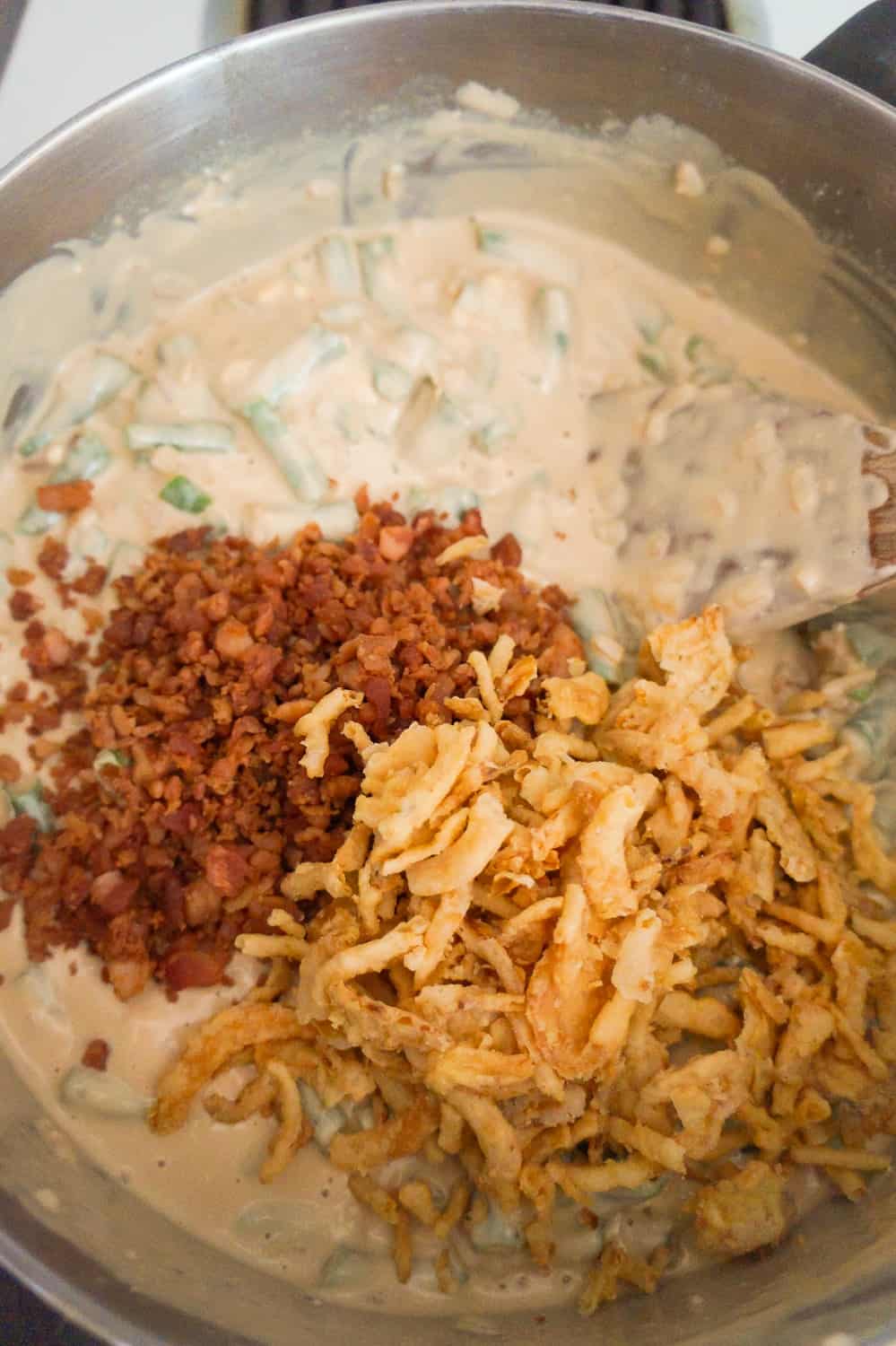 fried onions and real bacon bits added to green bean and cream cheese mixture