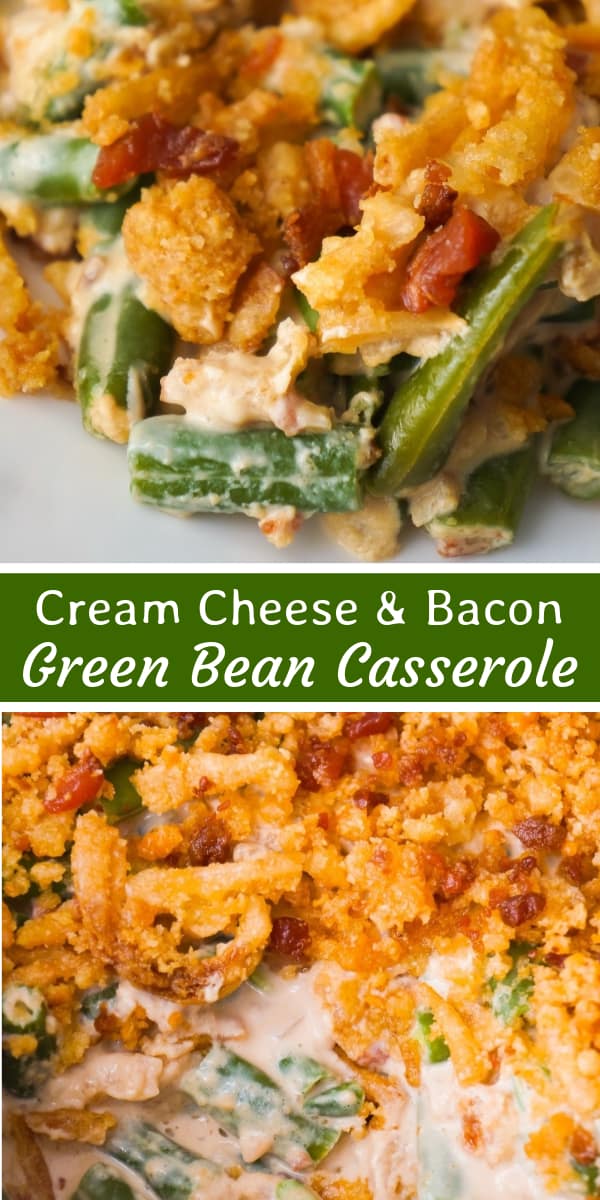 Cream Cheese and Bacon Green Bean Casserole is an easy side dish recipe perfect for Thanksgiving or Christmas. This creamy green bean casserole is loaded with real bacon bits and topped with Ritz Crackers and French's Fried Onions.