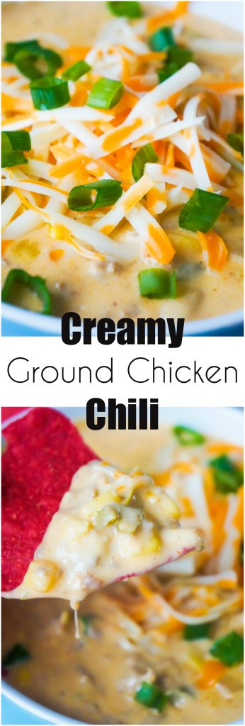 Creamy Ground Chicken Chili is a great winter comfort food recipe. This white chicken chili is an easy dinner recipe loaded with cream cheese, white beans, and corn. 