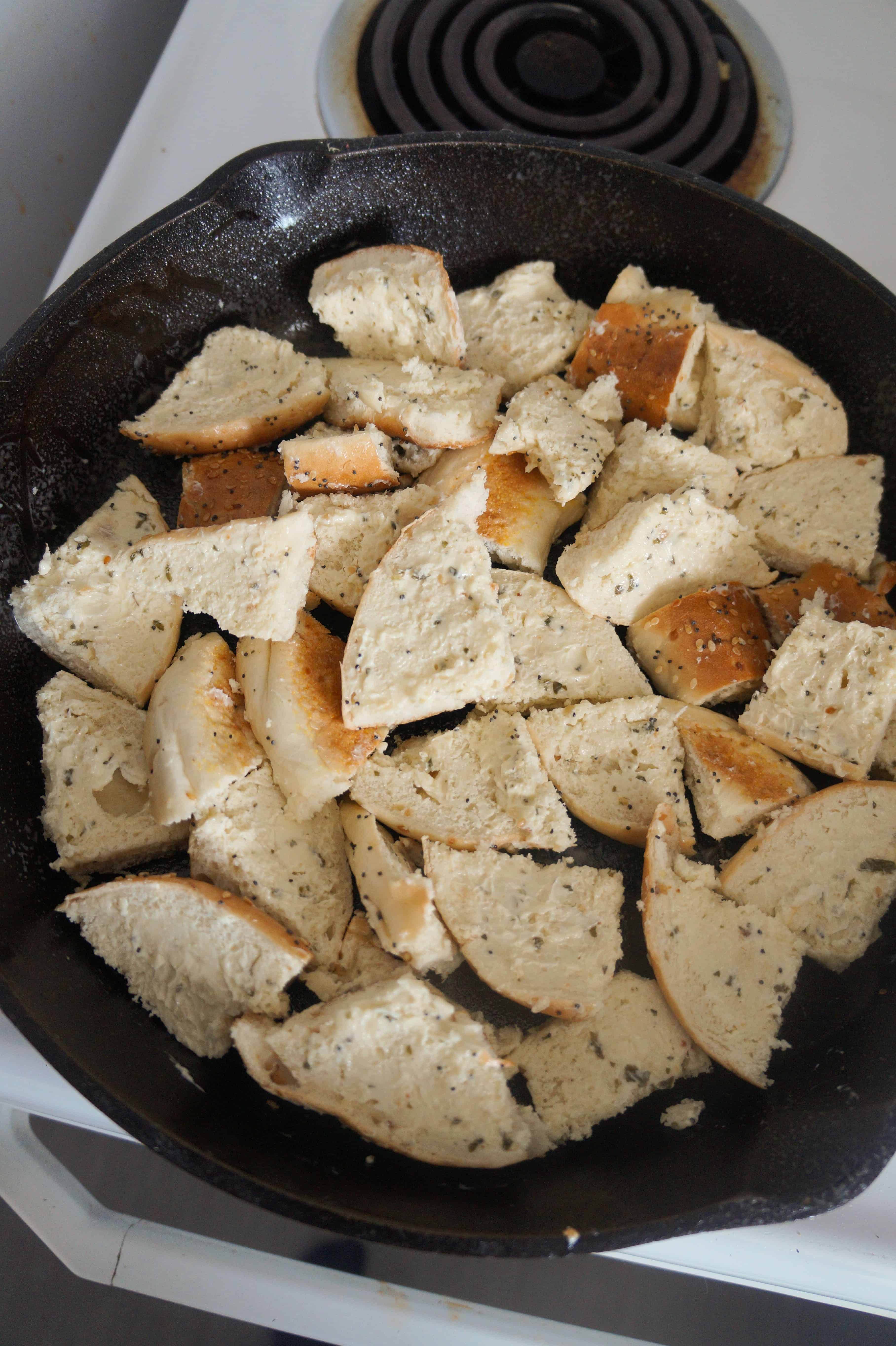 everything bagel pieces in cast iron skillet