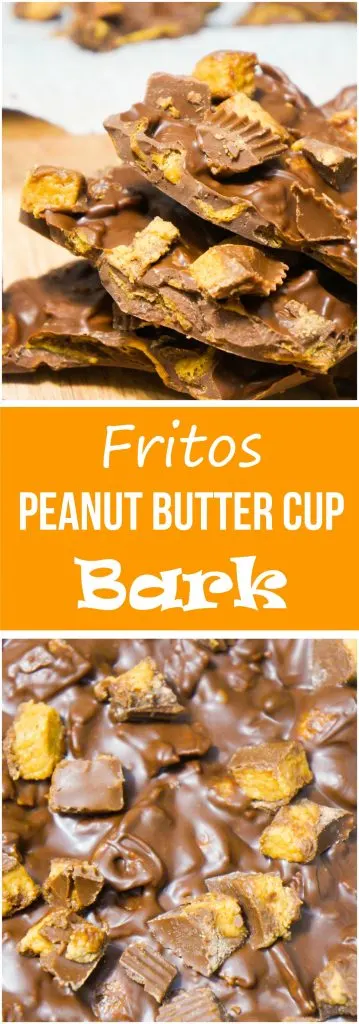 Fritos Peanut Butter Cup Bark is an easy no bake dessert recipe that combines salty and sweet ingredients. Corn chips are combined with milk chocolate and topped with Reese's Peanut Butter Cup pieces. This would be a perfect Christmas dessert recipe.