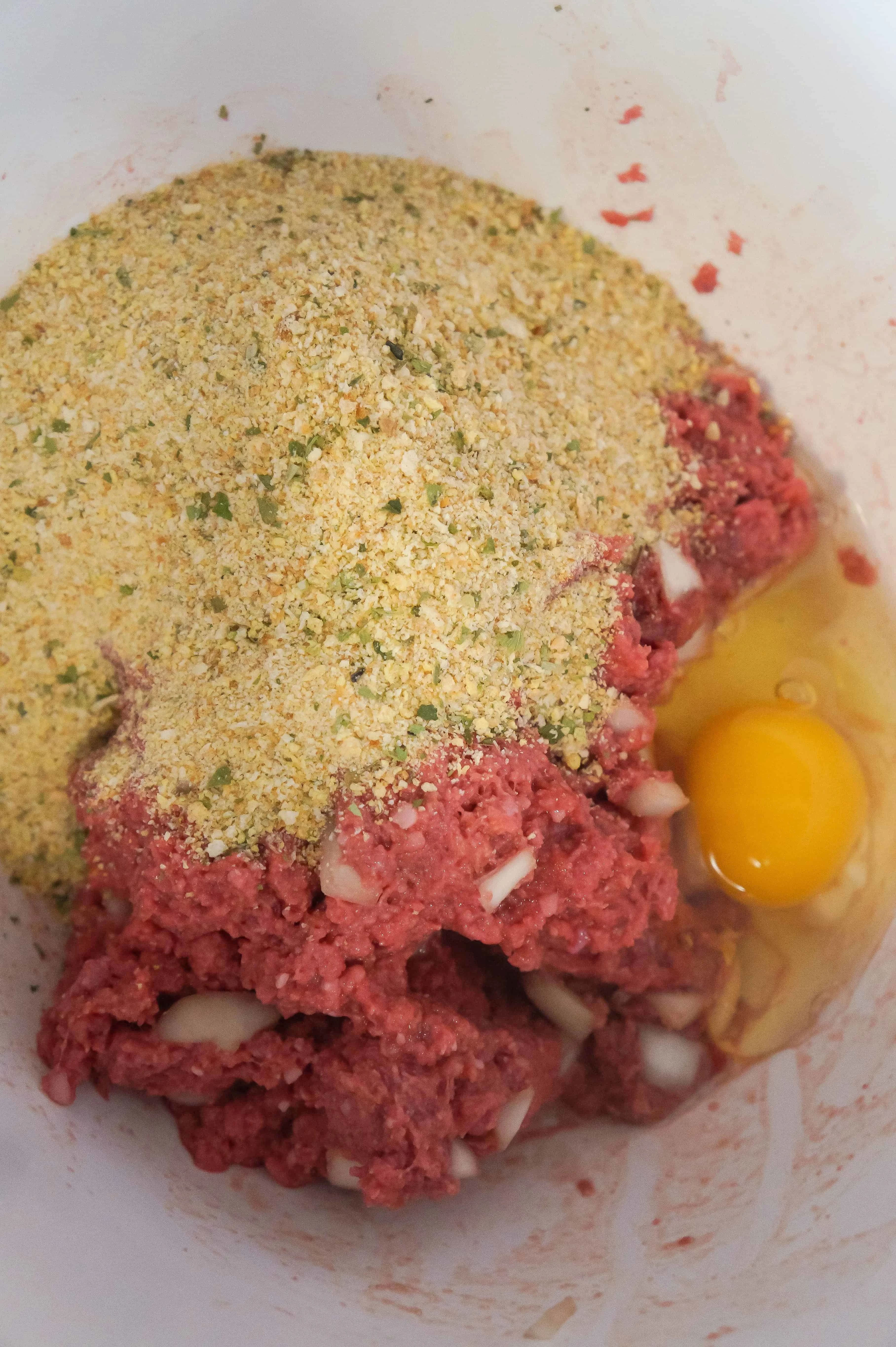 Ground beef, bread crumbs and egg for meatloaf