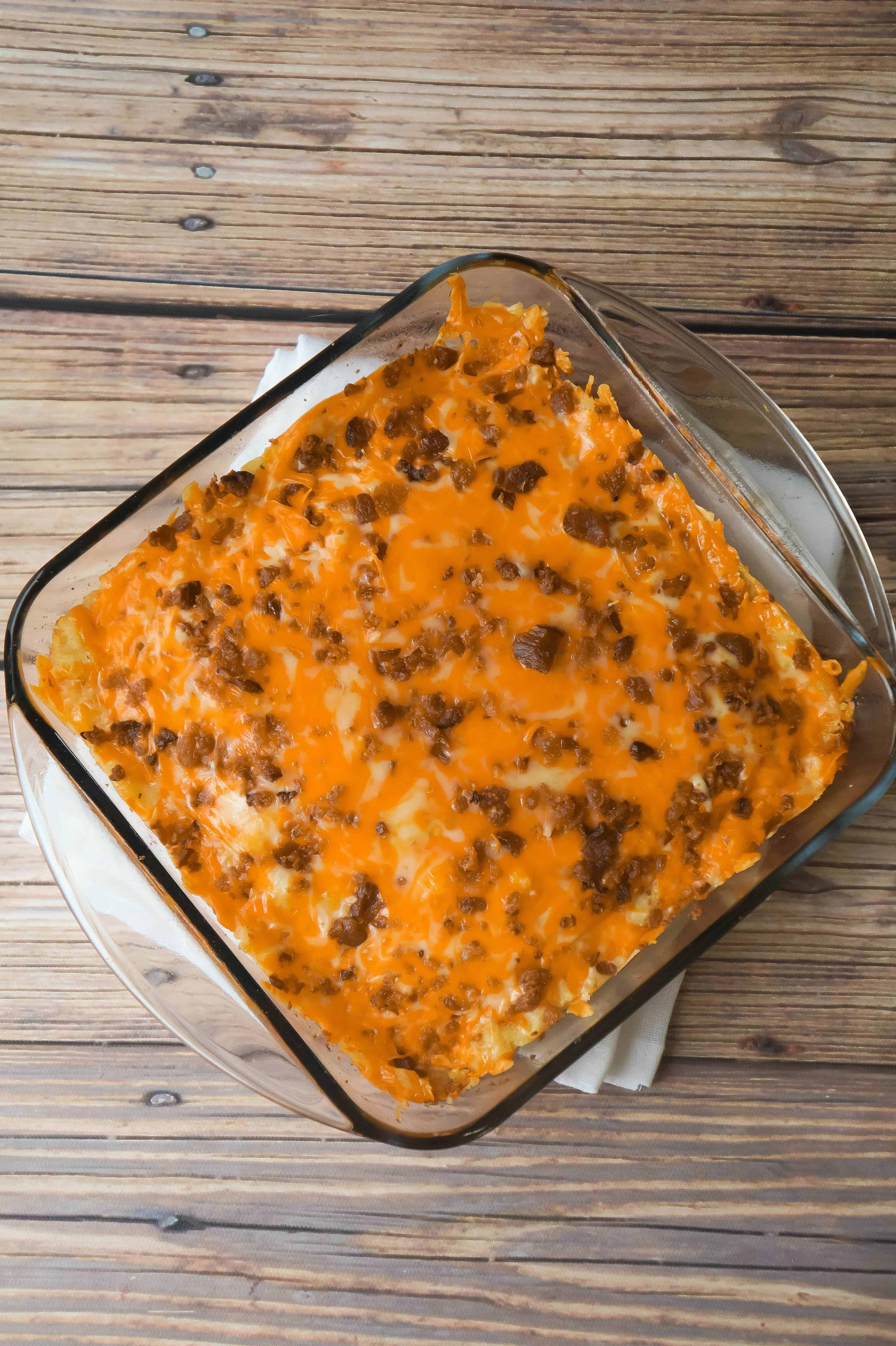 This easy ground beef casserole recipe is loaded with potatoes, cheese and bacon.