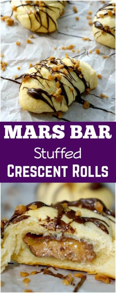 Mars Bar Stuffed Crescent Rolls. Easy dessert recipe using Pillsbury crescent rolls and snack sized Mars bars.