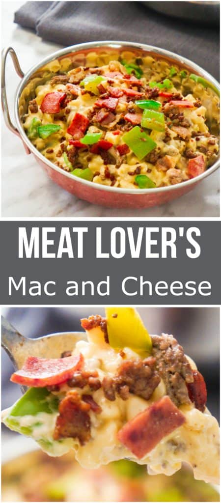 Meat Lover's Mac and Cheese. Easy homemade macaroni and cheese recipe loaded with ground beef, bacon, pepperoni and green peppers. Easy pasta dinner recipe. 