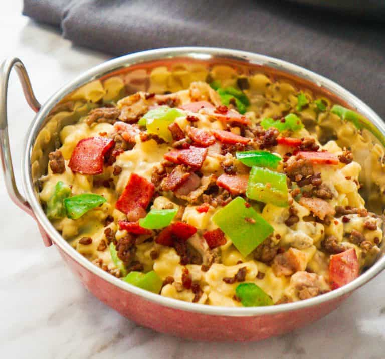 Meat Lover's Mac and Cheese. Easy homemade macaroni and cheese recipe loaded with ground beef, bacon, pepperoni and green peppers. Easy pasta dinner recipe.