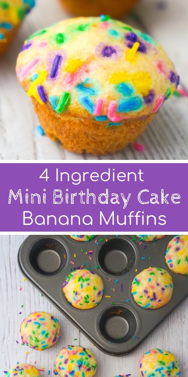 Mini Birthday Cake Banana Muffins are an easy snack or dessert your kids will love. These colourful mini muffins are made with confetti cake mix, ripe bananas and lots of sprinkles.