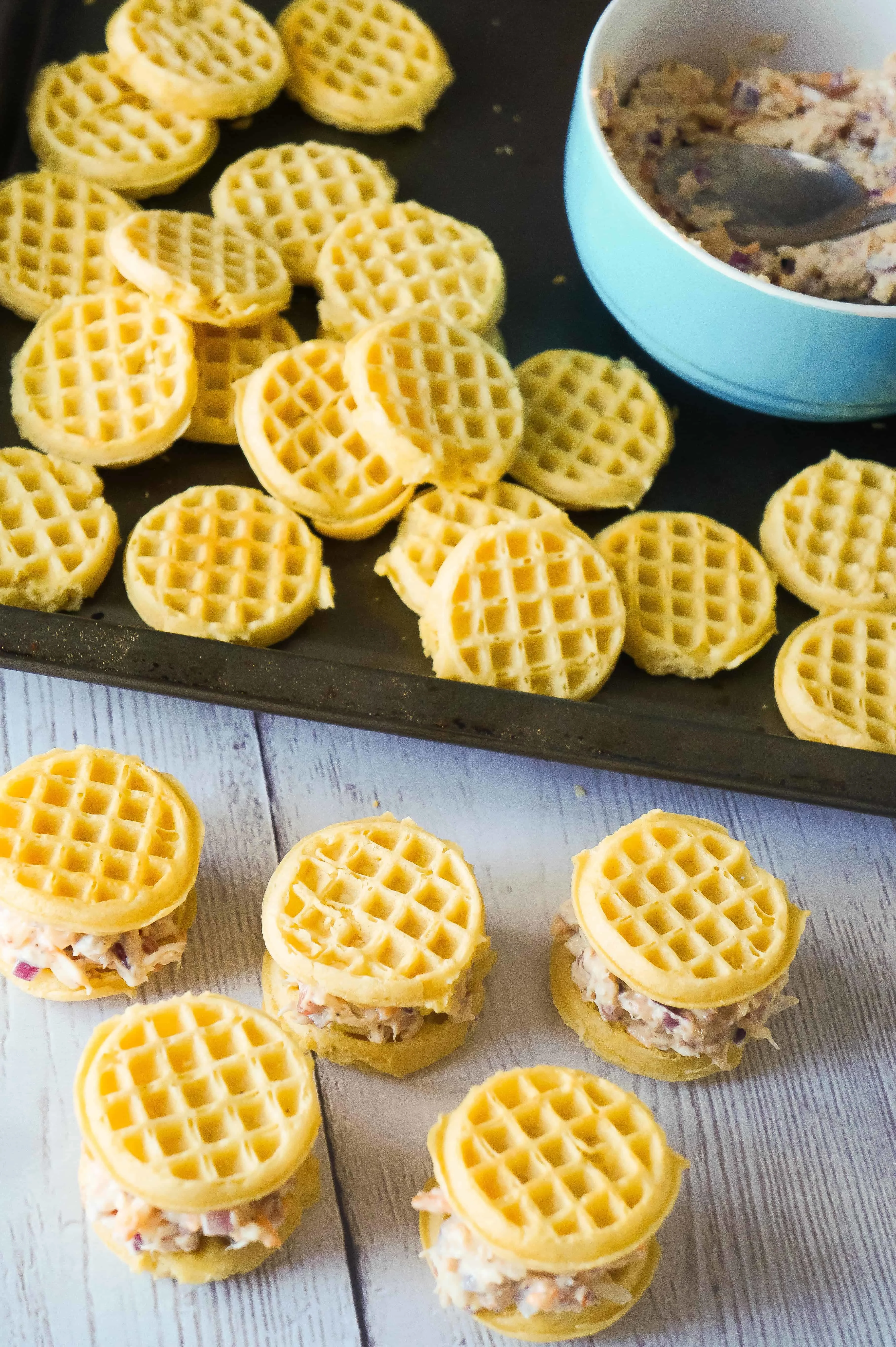 Mini Waffle Maple Bacon Chicken Salad Sandwiches are the perfect party snack.