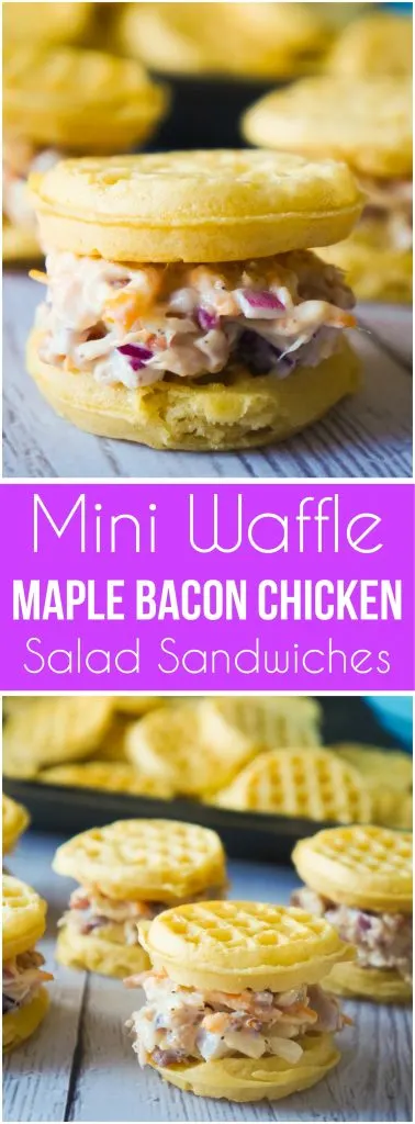 Mini Waffle Maple Bacon Chicken Salad Sandwiches are great party snacks. These mini chicken salad sandwiches would be the perfect finger food for your Superbowl party. The filling is loaded with shredded rotisserie chicken, bacon and cheddar cheese.