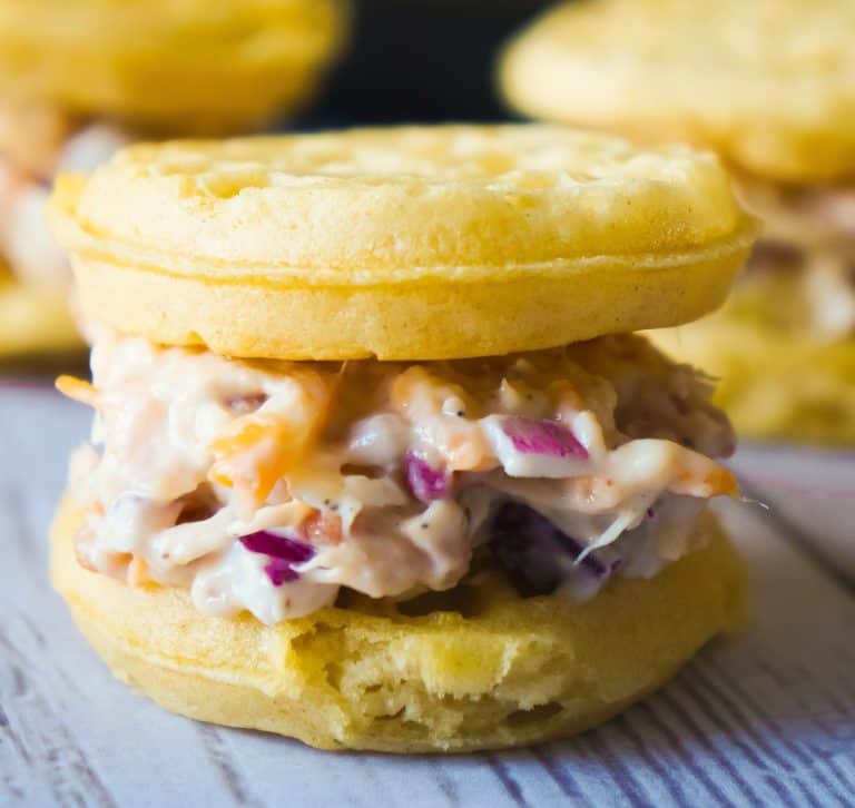 Mini Waffle Maple Bacon Chicken Salad Sandwiches are a great party food. Serve these sandwiches for Superbowl Sunday.