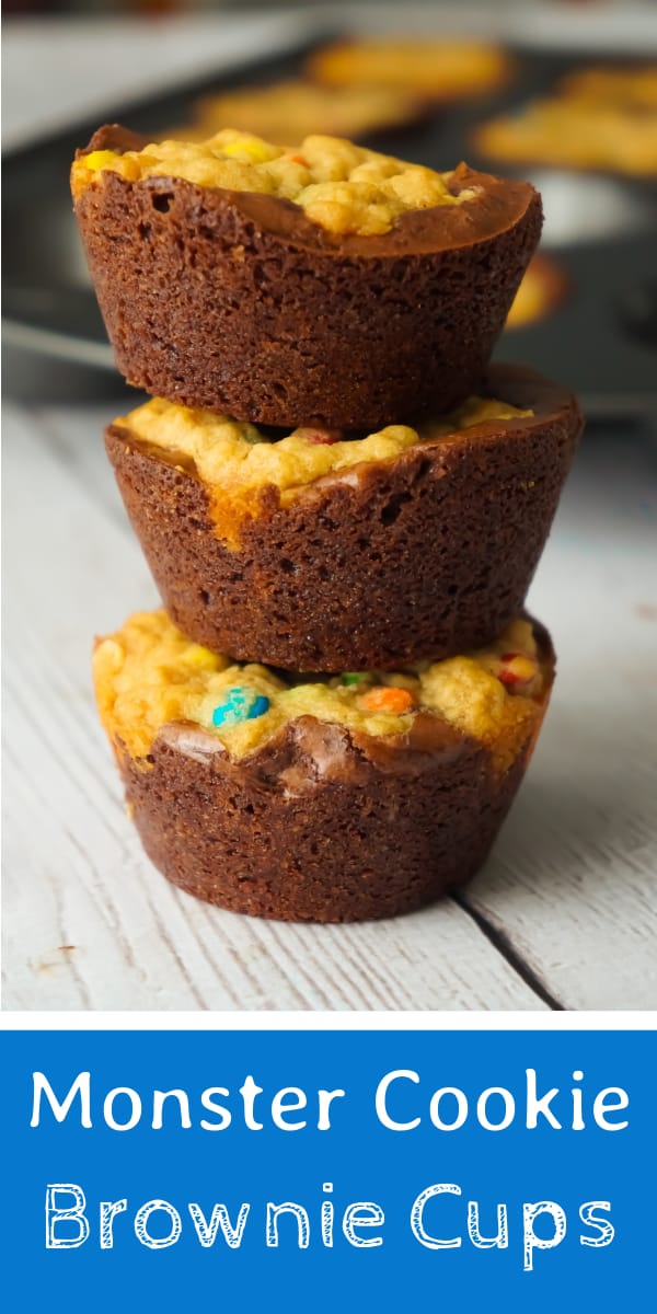 Monster Cookie Brownie Cups are an easy dessert recipe using boxed brownie mix and homemade oatmeal peanut butter cookie dough. These chewy brownie cups are loaded with mini M&Ms.