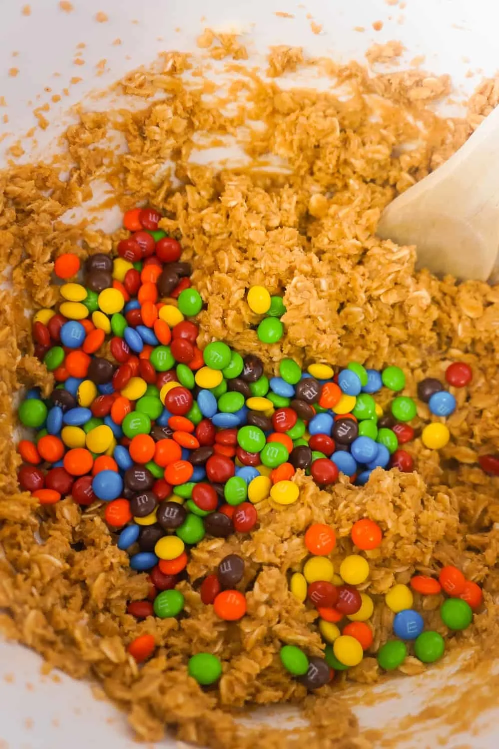 oatmeal peanut butter cookie dough with mini M&Ms