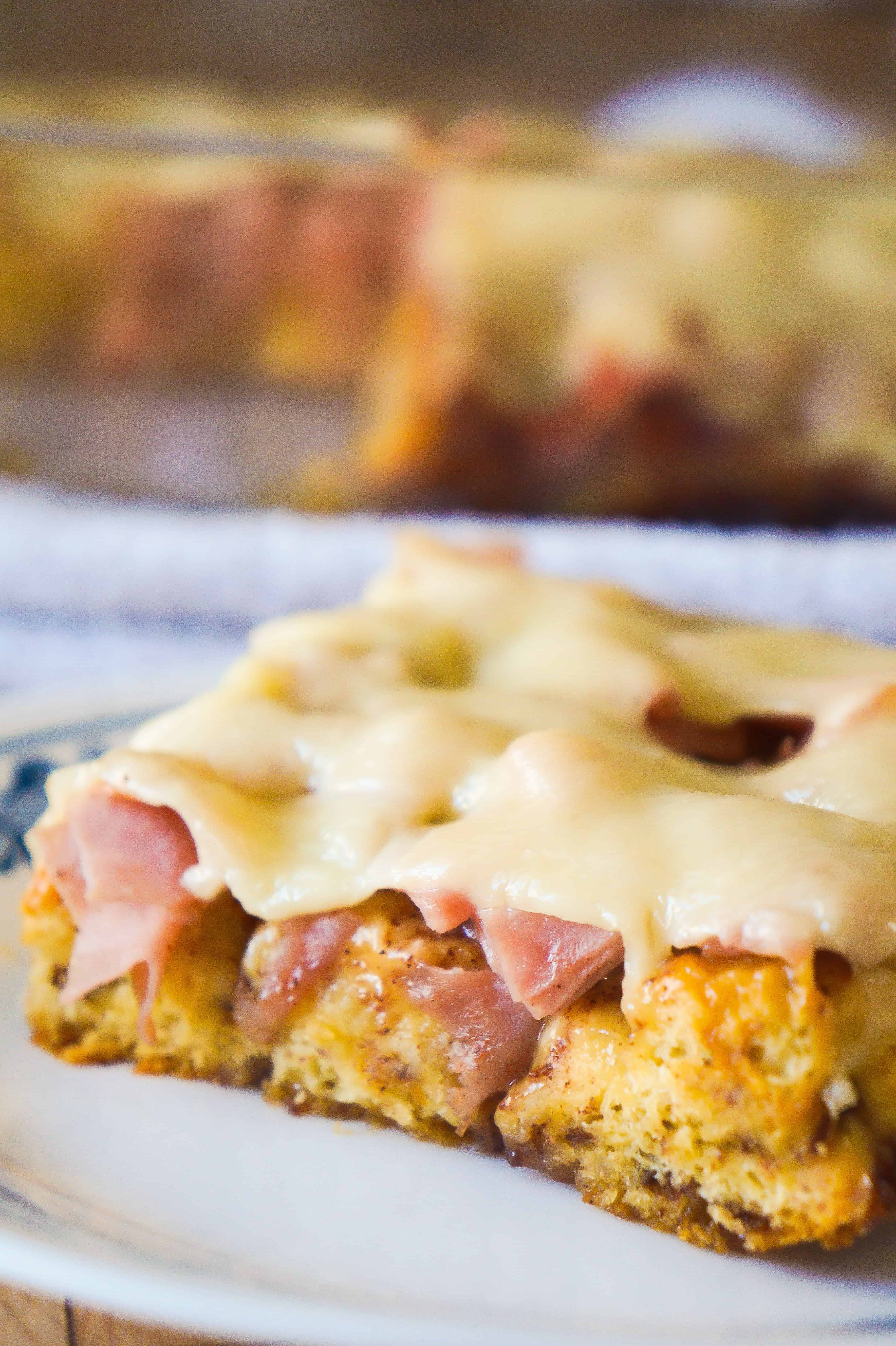 Monte Cristo Breakfast Casserole is a sweet and savoury breakfast dish using Pillsbury cinnamon rolls.