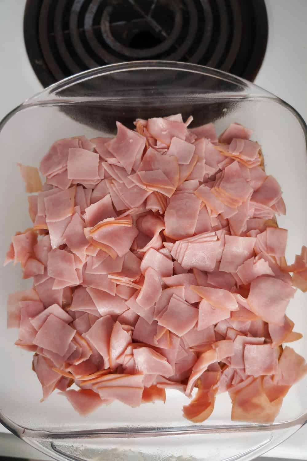 chopped ham on top of cinnamon bun pieces