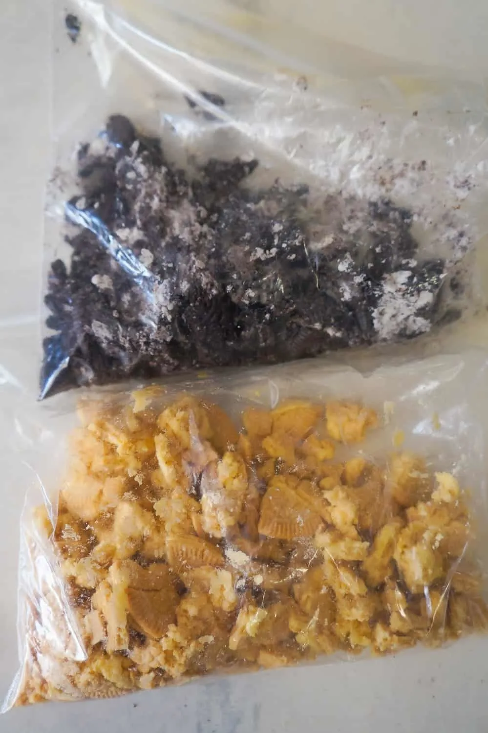 crumbled Oreos in Ziploc bags