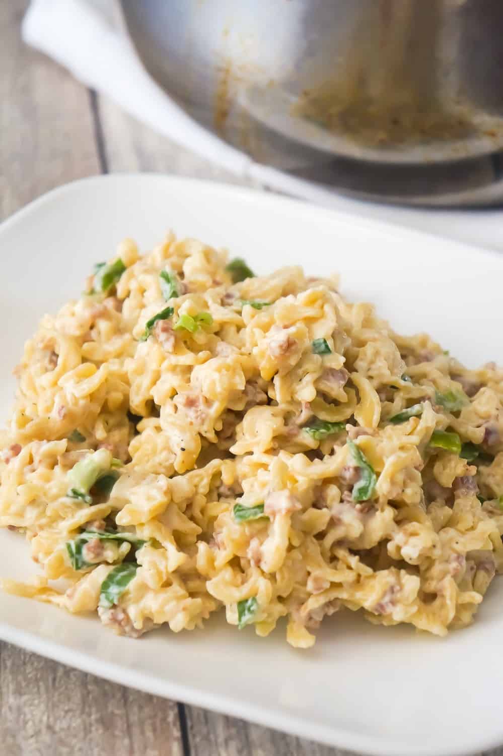 One Pot Bacon Cream Cheese Pasta is an easy stove top dinner recipe your whole family will love. This creamy garlic pasta dish is loaded with real bacon bits and chopped green onions.