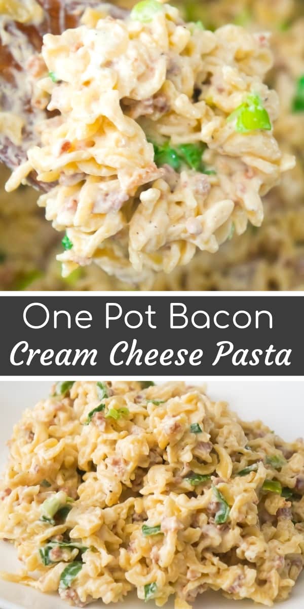 One Pot Bacon Cream Cheese Pasta is an easy stove top dinner recipe your whole family will love. This creamy garlic pasta dish is loaded with real bacon bits and chopped green onions.