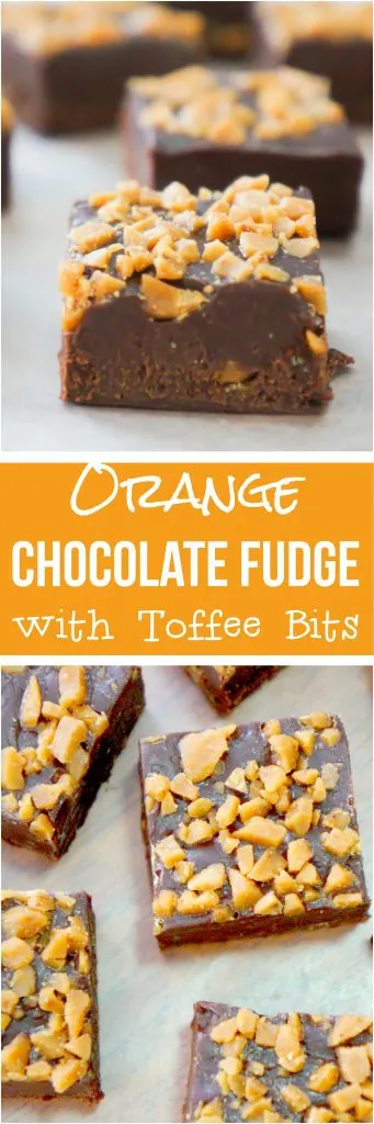 Easy chocolate fudge recipe using 4 ingredients. This orange flavoured chocolate fudge is made in the microwave and topped with toffee bits.