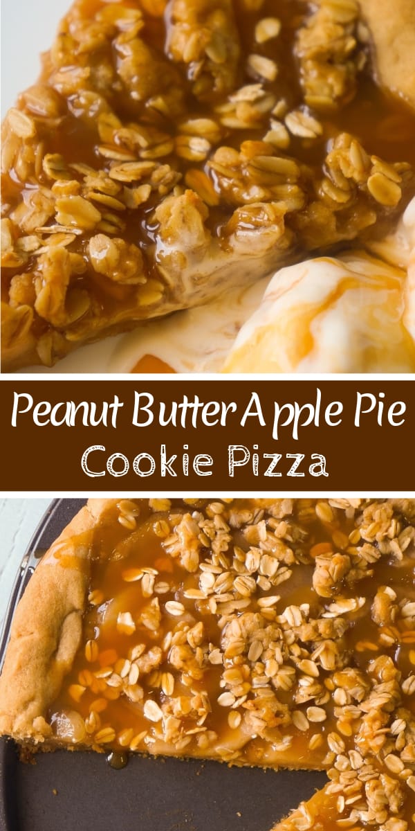 Peanut Butter Apple Pie Cookie Pizza is an easy dessert recipe for peanut butter lovers. A peanut butter cookie crust is topped with apple pie filling, peanut butter oat crumble and drizzled with caramel syrup.